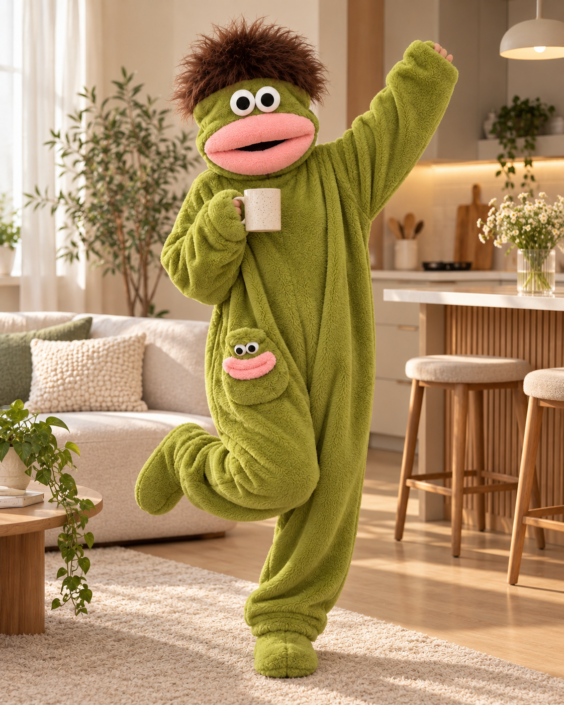 Cornichon debout, une tasse à la main : touffe brune, yeux ronds, énormes babines roses, poche à mini-monstre