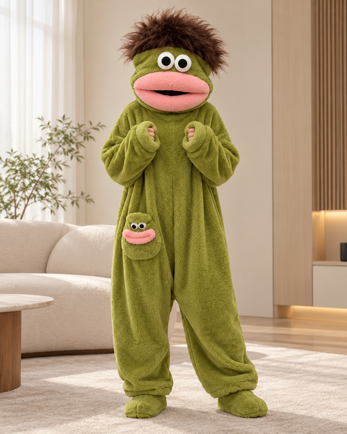 Cornichon, wearing the Monster Onesie